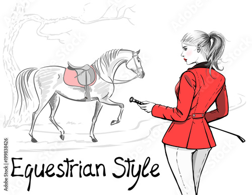 Beautiful fashion woman with english equestrian sport hunting style red jacket and horse with saddle. Rider girl and tree hand drawing. Vector art stylish lady model with whip and hair tail
