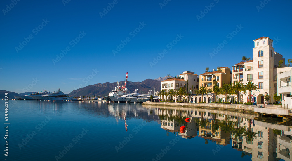 Beautiful view of the Tivat embankment on a sunny winter day