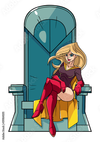 Front view full length illustration of a  cartoon superheroine sitting on an iron throne as a positive concept for power and leadership isolated on white background for copy space.