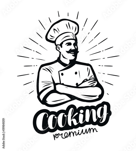 Happy cook in chefs hat. Cooking, cuisine concept. Sketch vector illustration