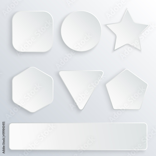 Free Download Set of 3d paper buttons in various shapes. White buttons on gray background. Round, square, star, hexagon, rectangle, triangle, pentagon banners - GFXLoad