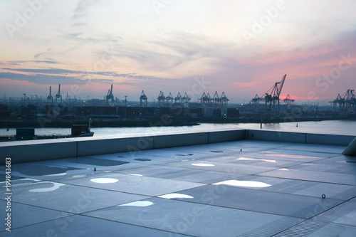 View of Hamburg harbor from the rooftop of the dockland building