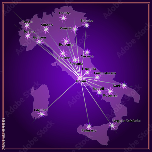 Map of Italy with big cities in night.