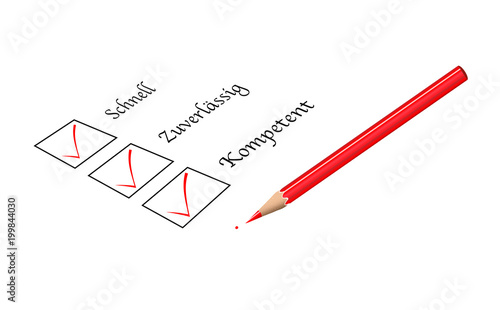 Schnell, zuverlässig, kompetent Kästchen mit Bleistift,
Vektor Illustration isoliert auf weißem Hintergrund