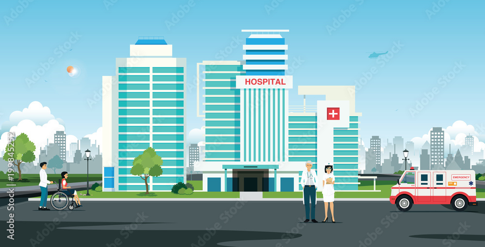 Doctor and nurse in front of hospital with ambulance