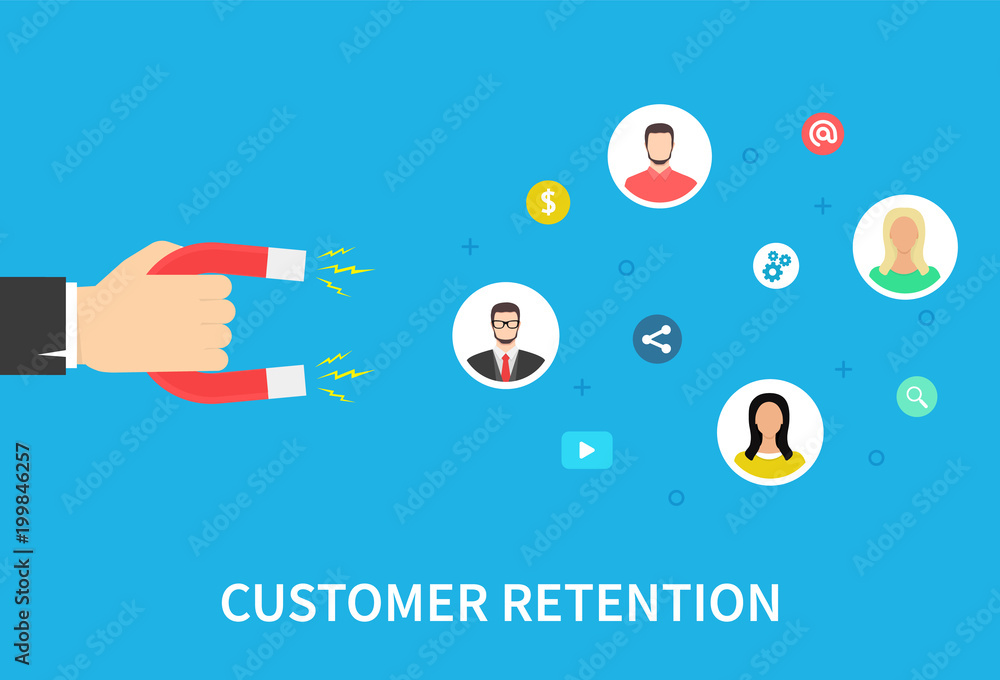 Fototapeta premium Customer retention strategy, attract customers, customer support and service, digital marketing, flat vector banner infographics with icons. Vector illustration.