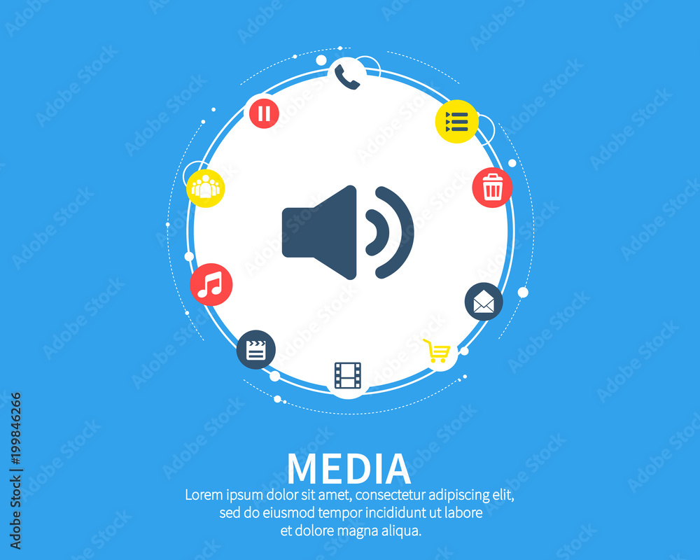 Fototapeta premium Media concept. Growth abstract background with integrated meta balls, integrated icon for digital, strategy, internet, network, connect, communicate, technology, global concepts.
