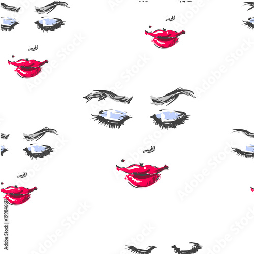 Woman with red lipstick looking down and smiling fashion illustration seamless pattern for prints and backgrounds hand drawn