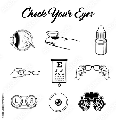 Eye, Lenses, Glasses, Vision Test table. Eye examination. Optics set. ophthalmology icons set. Vector.
