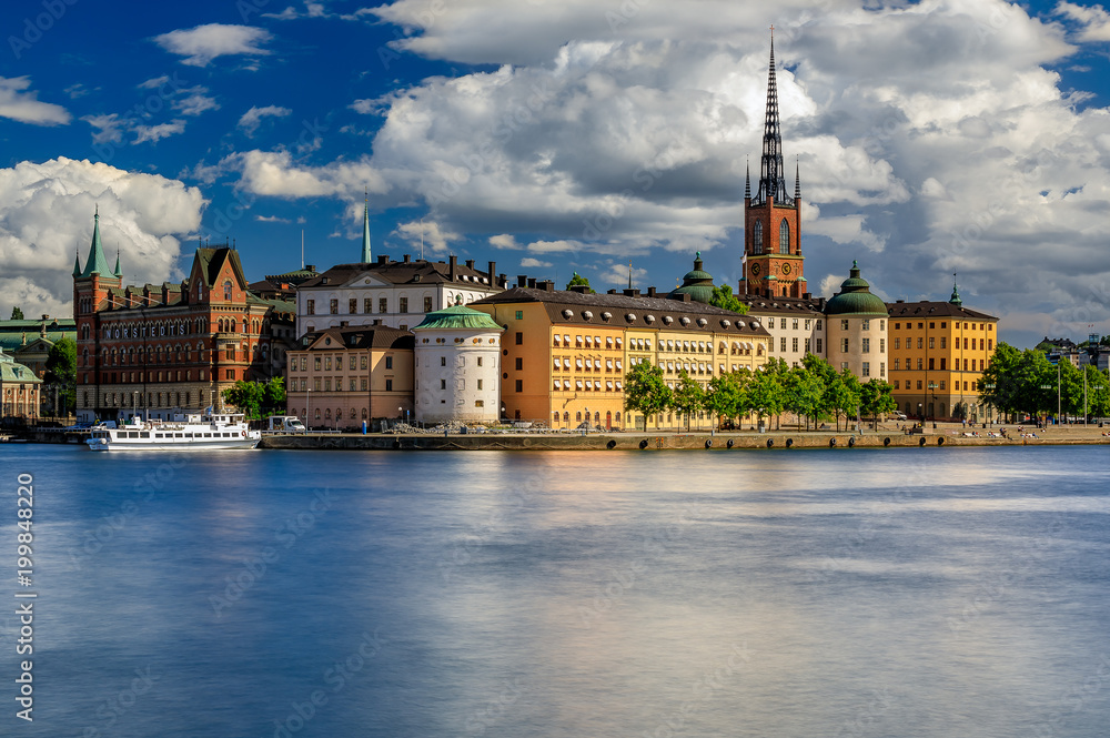 View onto Stockholm old town Gamla Stan and Riddarholmen church in Sweden