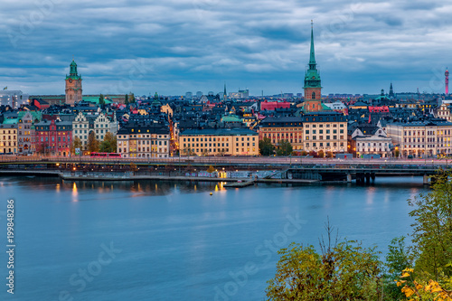 Sunset view onto Stockholm old town Gamla Stan and German church in Sweden