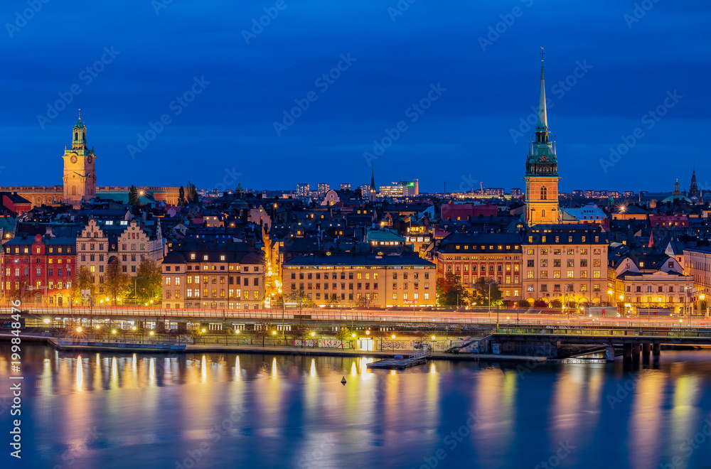 Sunset view onto Stockholm old town Gamla Stan, Storkyrkan and German church in Sweden