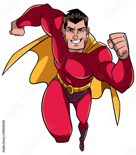 Full length front view of a powerful and muscular superhero running fast during courageous mission isolated on white background for copy space