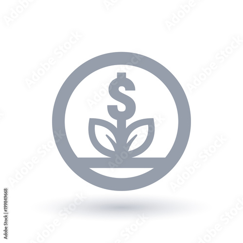 Plant with dollar symbol in circle outline. Financial business growth icon. Money investment success sign. Vector illustration.