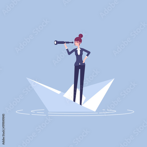 Young businesswoman floating on a paper boat and looking at spyglass vector flat illustration. Female office employee with telescope standing on a paper boat. Business concept opportunity and risk