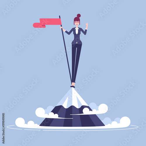 Happy young businesswoman climbed to the top of the mountain and hoisted flag on it. Woman in suit stands on a mountain peak and celebrates victory vector flat. Business concept winner and purpose