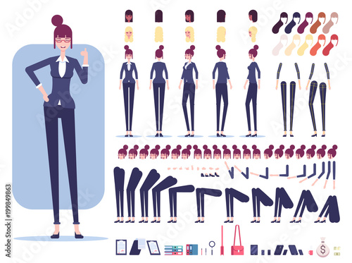 Businesswoman character constructor or creation set. Female employee with different views, emotions, haircuts, office tools and skin color isolated on white background vector flat illustration.