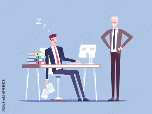 Angry boss and male office worker falling asleep at work in office vector flat illustration. Tired businessman or employee sleeping behind his desk while angry chief is standing near