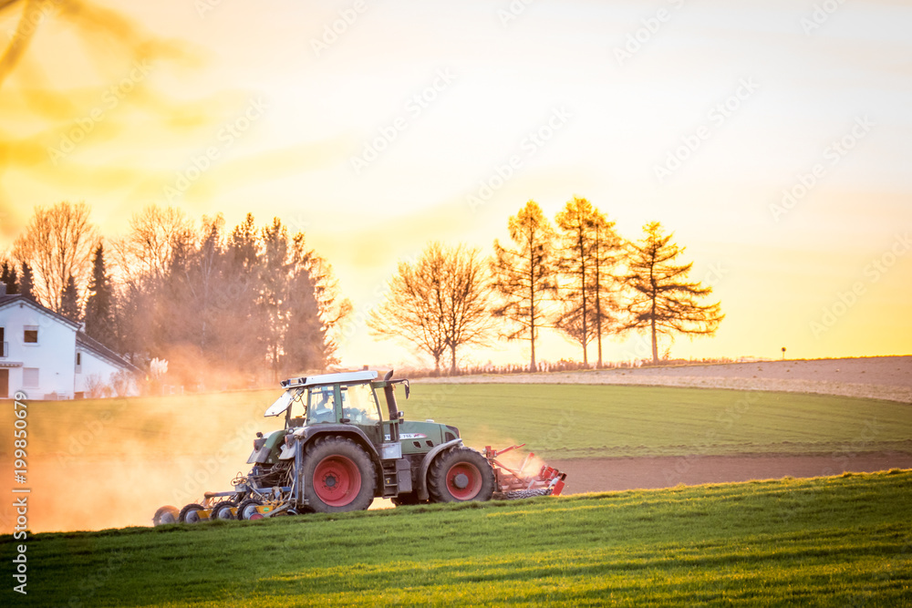 Fototapeta premium Traktor bei Sonnenuntergang