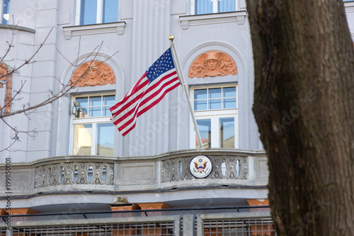 Bratislava, Slovakia. March 8 2017. United States flag hung at the balcony of US Embassy in Bratislava, Slovakia. photo