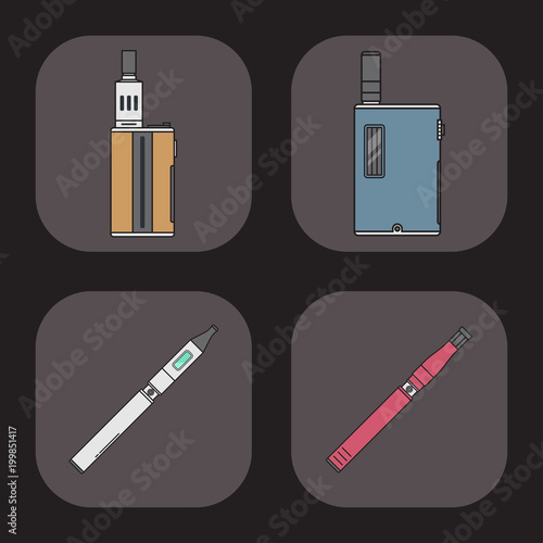 Vape device vector cigarette vaporizer vapor juice vape bottle flavor illustration battery coil electronic nicotine liquid smoking atomizer device e-liquid.