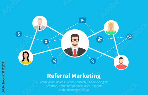 Referral marketing, network marketing, business partnership, referral program strategy. Flat cartoon design, vector illustration on background.