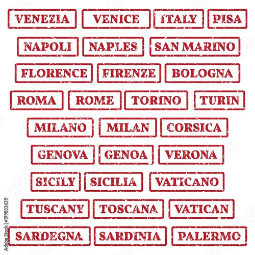 A set of rubber stamps on a tourist theme. The most famous cities of Italy. photo