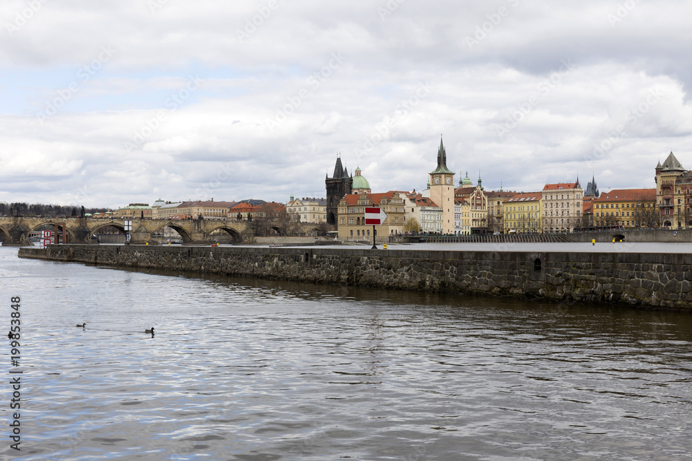 View on the spring Prague City above River Vltava, Czech Republic