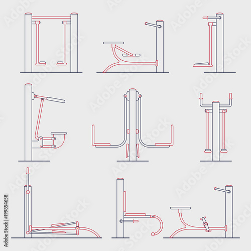 Set of outdoor gym machine. Workout park constructor. Line art style. Fitness street equipment. Outdoor workout elements
