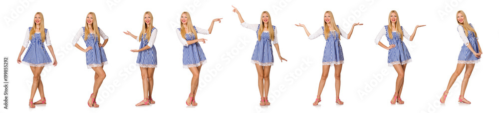 Caucasian woman in plaid blue dress isolated on white Caucasian woman in plaid blue dress isolated on white