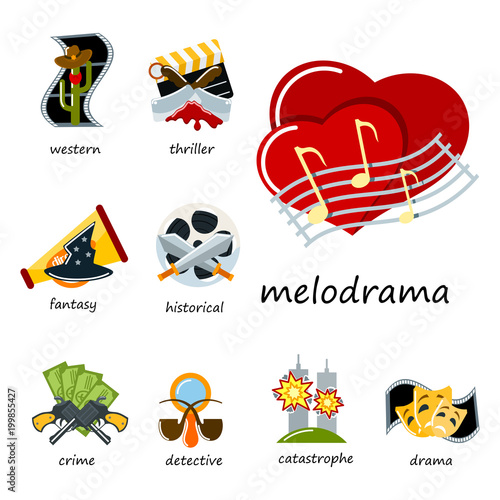 Cinema genre icons set cinematography flat entertainment comedy drama thriller movie production symbol vector illustration.