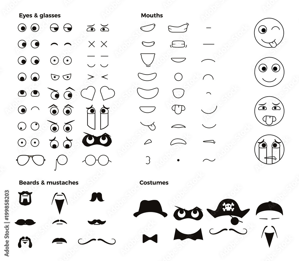 Make your own character emoji emoticon smiley. Vector elements to ...
