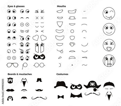Make your own character emoji emoticon smiley. Vector elements to create thousands of facial expressions with dozens of eyes, mouths, facial hair and costumes.