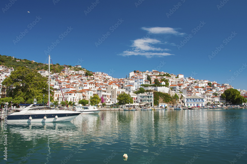 Panoramic view over Skopelos town in Greece on a sunny day