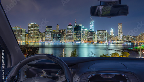 Car windshield with view of Manhattan skyline, New York, USA