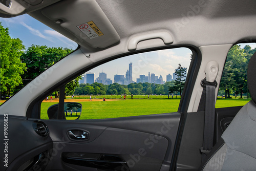 Car window view of Central Park, Manhattan, New York, USA
