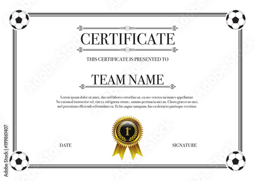 Football championship competition certificate with gold badge