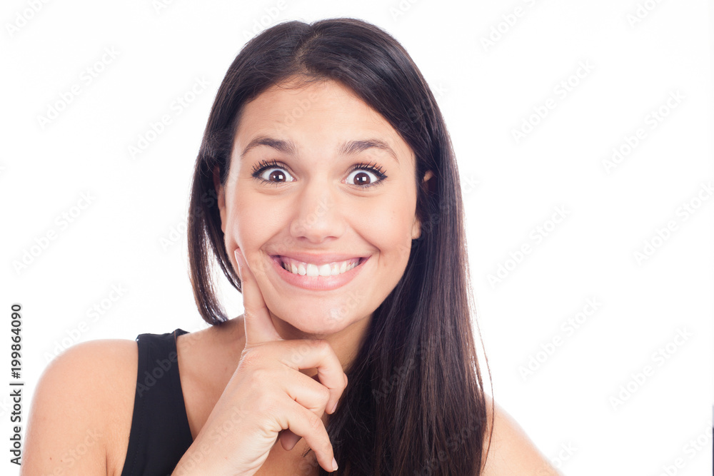 Beautiful smiling woman with clean skin, natural make-up, and white teeth on white background Beautiful smiling woman with clean skin, natural make-up, and white teeth on white background