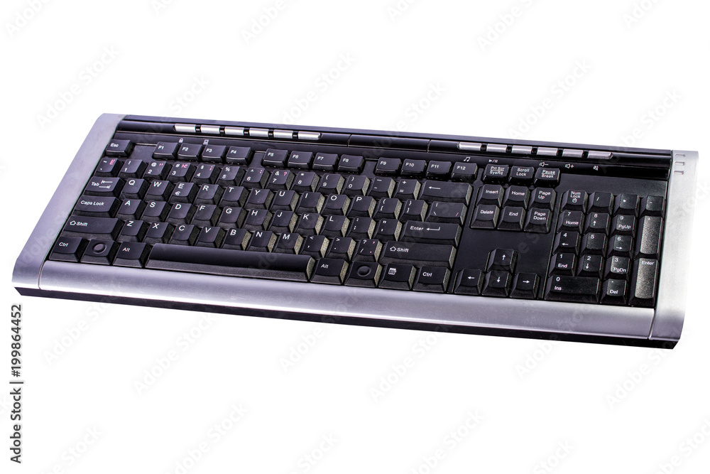 Black metallic computer office keyboard on white background, isolated. Black metallic computer office keyboard on white background, isolated.