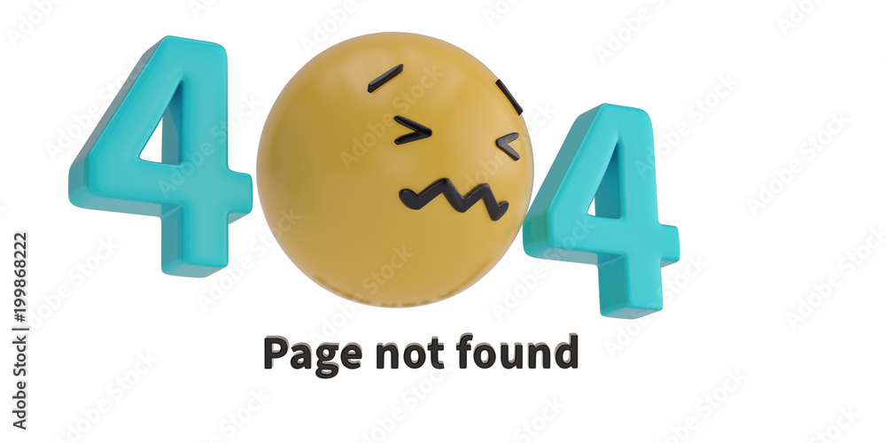 404 error word and emoji isolated on white background. 3D illustration. 404 error word and emoji isolated on white background. 3D illustration.