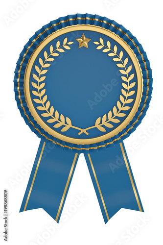 Blue ribbon award isolated on white background. 3D illustration.