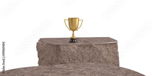 A gold trophy on other side of cliff. 3D illustration.