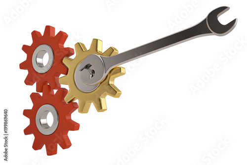 Three gears and chrome wrench on a white background. 3D illustration.