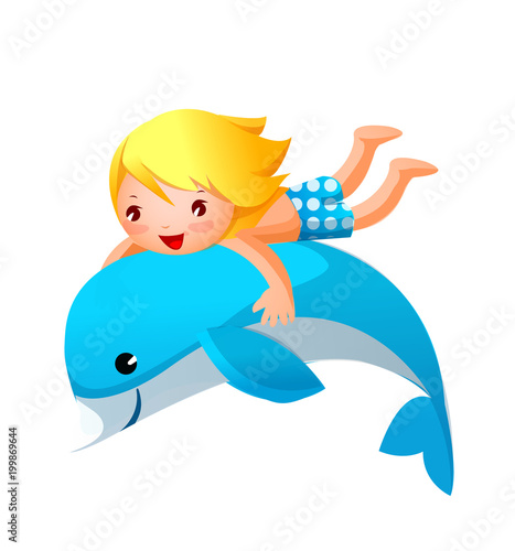 Side view of boy on dolphin