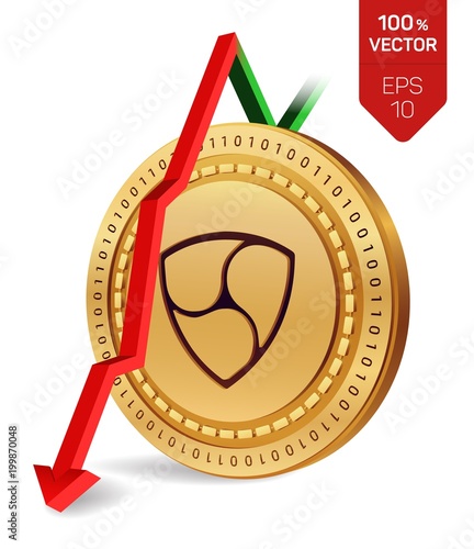 Nem. Fall. Red arrow down. Nem index rating go down on exchange market. Crypto currency. 3D isometric Physical Golden coin isolated on white background. Vector illustration.