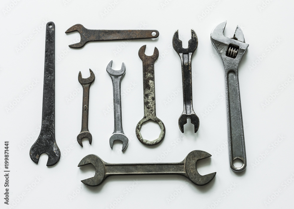 Flat lay of various wrench isolated on white background Flat lay of various wrench isolated on white background
