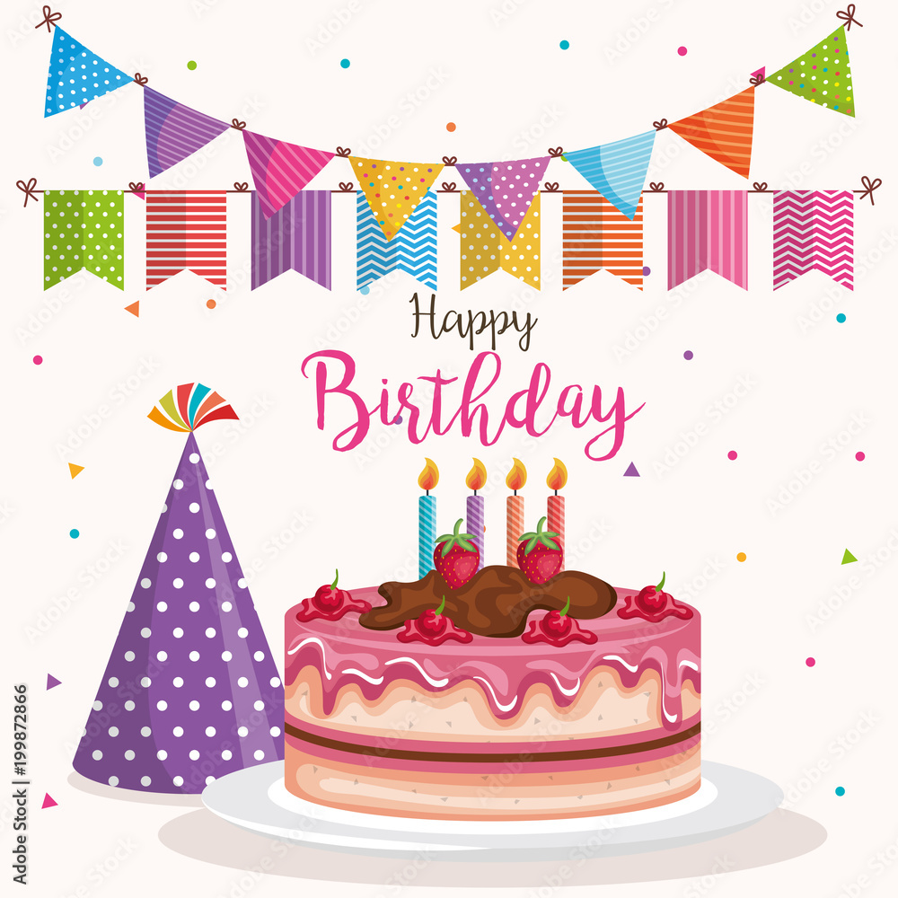 happy birthday cake with hat celebration card vector illustration ...