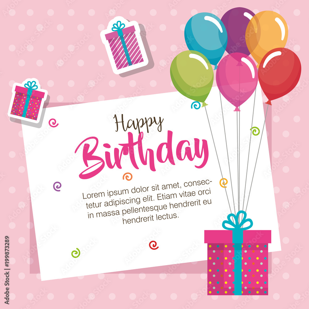 Plakat happy birthday balloons air and gift celebration card vector illustration design