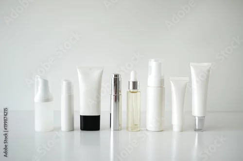 Obraz cosmetic laboratory research and development . science bio skincare cream serum product with leaves. natural organic beauty cosmetics concept. cosmetology.