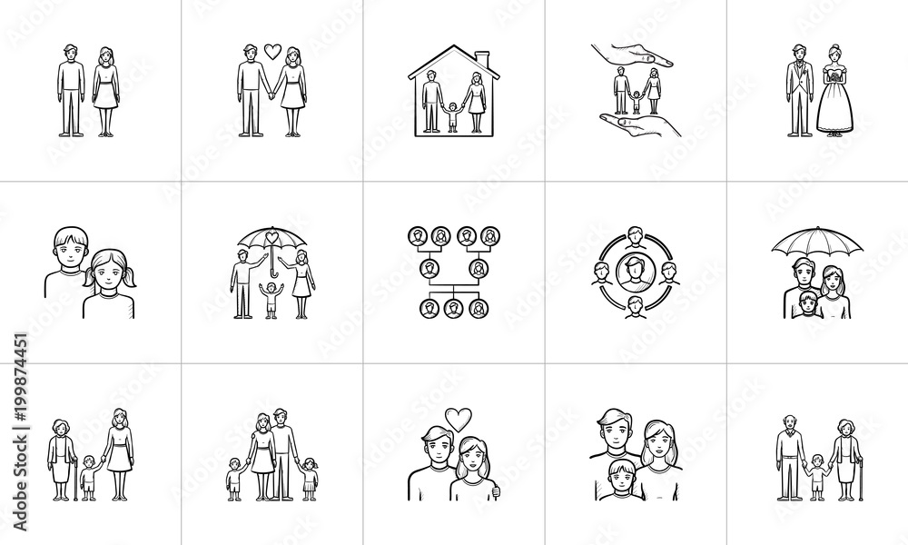 Wedding and family hand drawn outline doodle icon set for print, web, mobile and infographics. Family vector sketch illustration set isolated on white background.